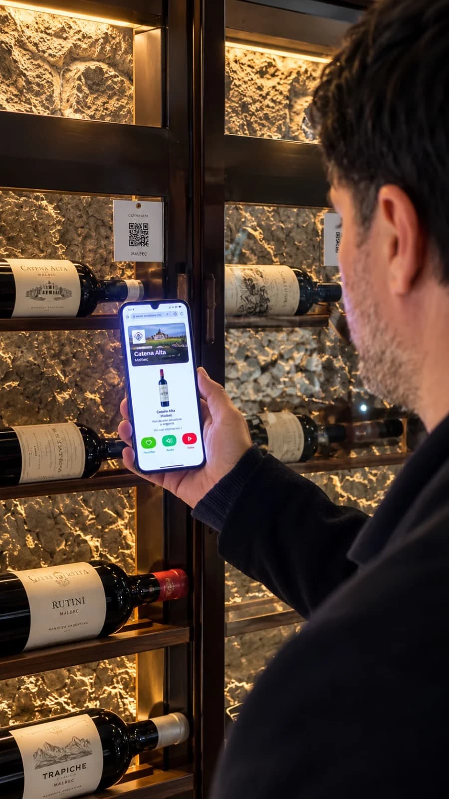 Ficha de un vino en QRPrice abierta en un celular, con favoritos, audio y video