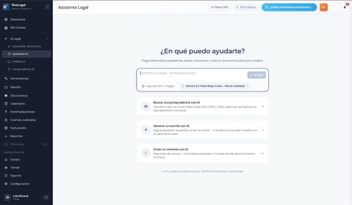 Asistente de inteligencia artificial de RivoLegal