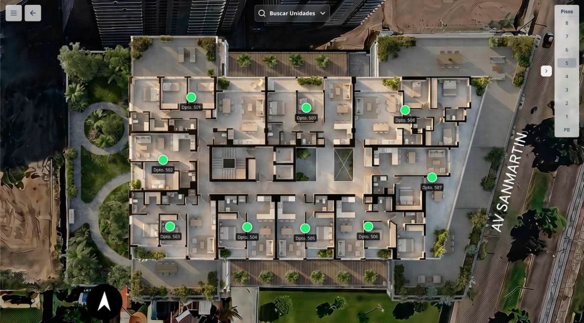 Ficha de una unidad en la plataforma Winbuild, con planos 2D, 3D y vista 360