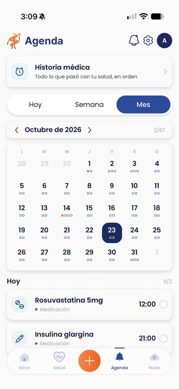 Pantalla Agenda de Salutia con el calendario del mes y los recordatorios de medicación del día