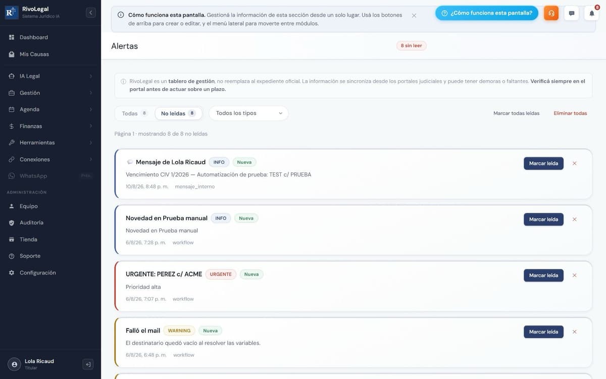 Alertas de movimientos procesales en RivoLegal